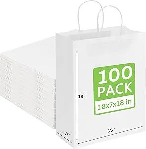 JET PAPER BAGS - Large White Paper Bags with Handles 18x7x18 Inch [100 Pcs] Ideal for Takeout, Grocery, Goody, Retail, Party, Gifts, Weddings - Recyclable Kraft Paper Gift Bags with Handles