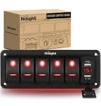 Nilight 5 Gang Rocker Switch Panel Red Backlit with 4.8 Amp Dual USB Charger