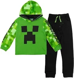 Kid Minecraft Creeper Fleece Pullover Hoodie and Pants Outfit Set to