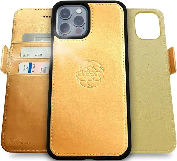 Dreem Fibonacci 2-in-1 Wallet Case for Apple iPhone 12 & 12 Pro - Luxury Vegan Leather, Magnetic Detachable Shockproof Phone Case, RFID Card Protection, 2-Way Flip Stand - Gold