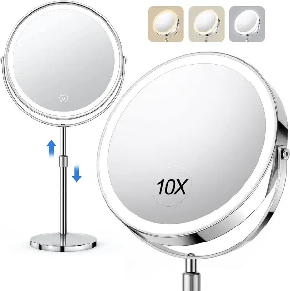 Deluxe 10x/1x Double-Sided Makeup Mirror with 3 Lighting Modes - Travel Friendly