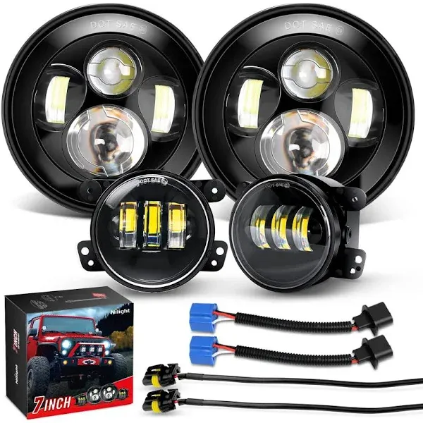 Nilight 4Pcs 7 Inch Round Cree Headlight and 4 inch Fog Lights High Low Beam Compatible with 1997-2018 Wrangler JK Unlimited JKU TJ CJ Rubicon, 2 Years Warranty