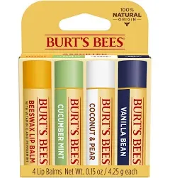 Burt&#039;s Bees ASSORTED Beeswax Cucumber Mint Coconut &amp; Pear Vanilla Bean Lip Balms