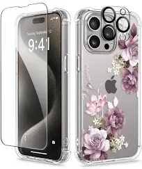 GVIEWIN 3 in 1 Designed for iPhone 15 Plus Case 6.7 Inch, with Screen Protector + Camera Protector Clear Flower [Not-Yellowing] Shockproof Women Slim Phone Cover, 2023 (Aster/Purple)