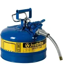 Justrite 2.5 Gallon Type II Blue Safety Can for Kerosene with Flame Arrester, Self-Closing Lid, and 5/8" Flexible Metal Spout, Made in the USA, Galvanized Steel Flammable Storage Can, 7225320