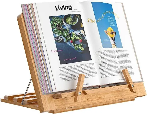 Wooden Desktop Book Stands, Adjustable Book Stand for Reading, Pezin & Hulin Cook Book Holder Seat, Bamboo Foldable Riser for Tablet, Recipe, Laptop with Page Clips