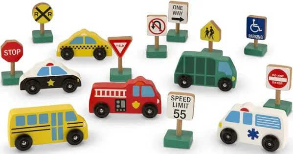 Melissa & Doug Wooden Vehicles and Traffic Signs With 6 Cars and 9 Signs