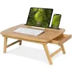 BIRDROCK HOME Bamboo Wood Lap Tray with Foldout Legs, Storage Drawer, Fits Laptops Up to 17", Tablet and Phone Slot, Laptop Table for Sitting or Standing, Work from Home, Workstation - Natural