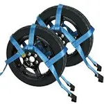 Set of 2 Tow Dolly Straps with Flat Hook, Blue Adjustable Tow Dolly Straps, Fits Most 16-20" Tires Webbing Ratchet Straps