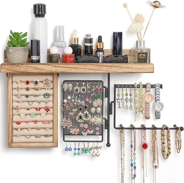 Solimintr Hanging Jewelry Organizer Wall Mount with Rustic Wood Shelf