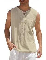 COOFANDY Men's Cotton Linen Tank Top Shirts Casual Sleeveless Lace Up Beach Hippie Tops Bohemian Renaissance Pirate Tunic