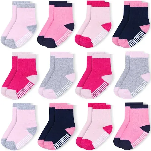 JAKIDAR 12 Pack Baby Socks Cotton Crew Toddler Socks Grips Non Slip Bottom Kids Socks