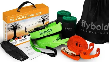 Flybold Slackline Kit | Slack Line Longer | 57 ft Line with Training Line | Tree Protectors, Arm Trainer, Ratchet Cover and Carry Bag | Tight Rope SL