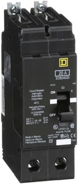 Square D EDB24020 EDB Type Circuit Breaker, 20-Amp, 2-Pole, 480Y/277V