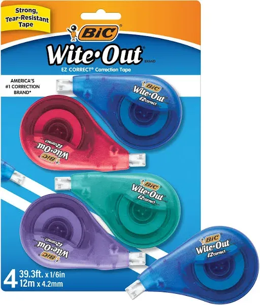 BIC White-Out Brand EZ Correct Correction Tape, 39.3 Feet, 4-Count Pack of White