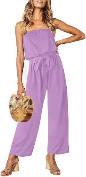 ZESICA Women's 2024 Casual Off Shoulder Solid Color Strapless Belted Wide Leg Jumpsuit Romper