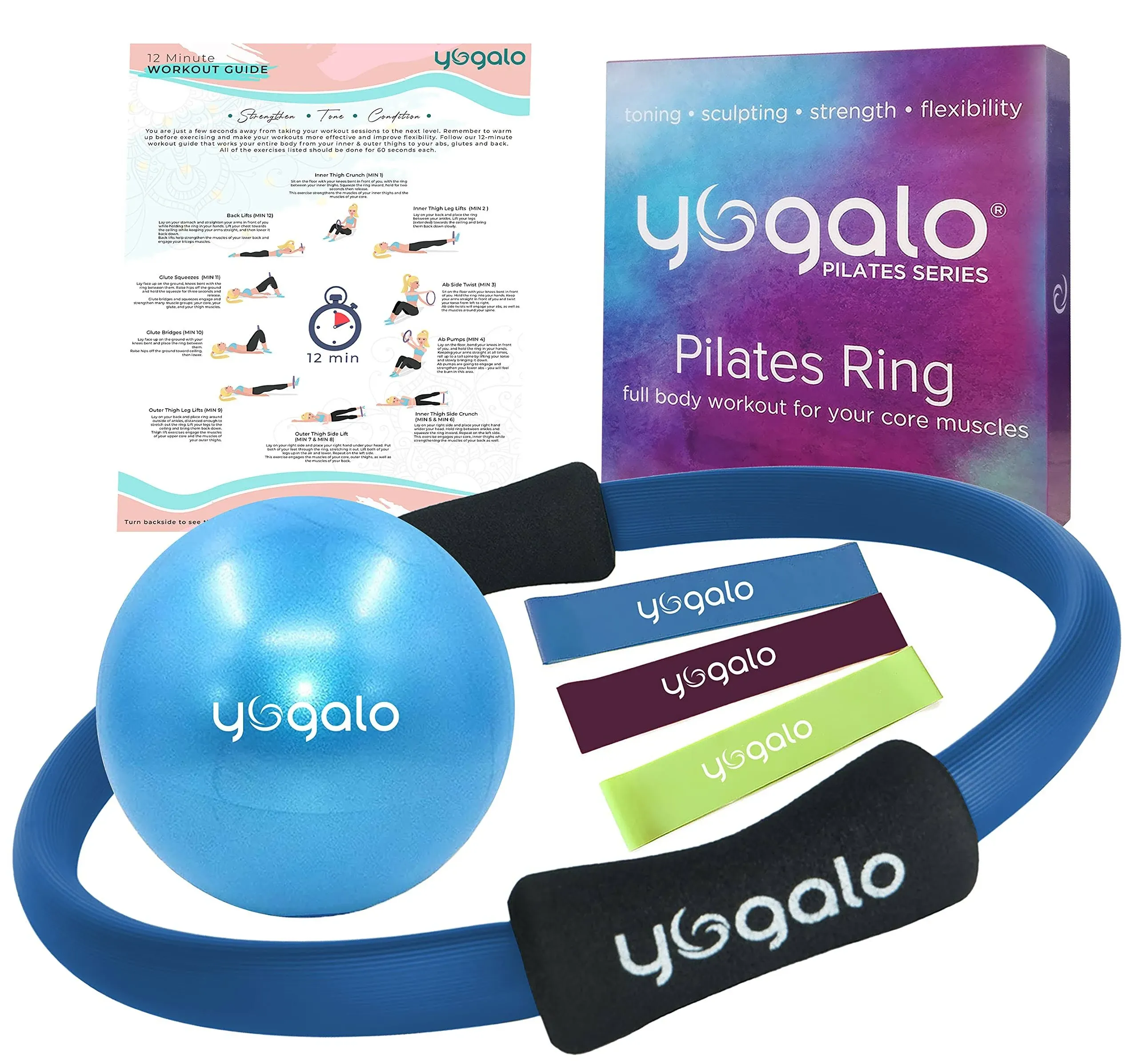 Yogalo Pilates Ring and Ball Set with 3 Resistance Bands - Pilates Equipment for Home Workout - Magic Circle Pilates Ring 14 inch to Tone, Sculpt and