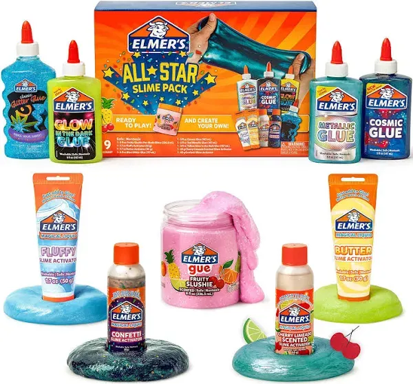 Elmer’s All-Star Slime Kit, Includes Liquid Glue, Slime Activator, and Premade Slime, 9 Count