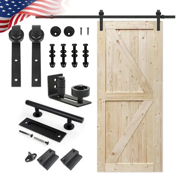 S&Z TOPHAND 36 in. x 84 in. Unfinished British Brace Knotty Barn Door with 6.6ft Sliding Door Hardware kit/solid wood/sliding