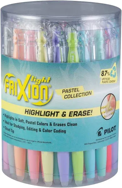 Pilot, FriXion Light Pastel Erasable Highlighters, Chisel Tip, Tub of 36, Assorted Colors