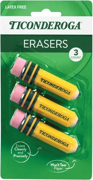 TICONDEROGA Erasers, Pencil Shaped, Latex-Free, Yellow, 3-Pack (38953)