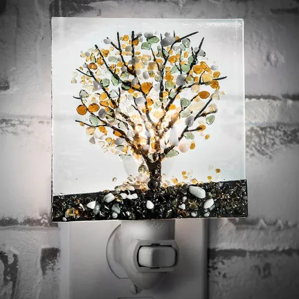 J Devlin Glass Art Stained Glass Night Light, Autumn, Fall Tree, Nature, Cabin, Plug in nightlight for Bedroom/Bathroom/Stairway/Hallway Home Decor NTL 159-1