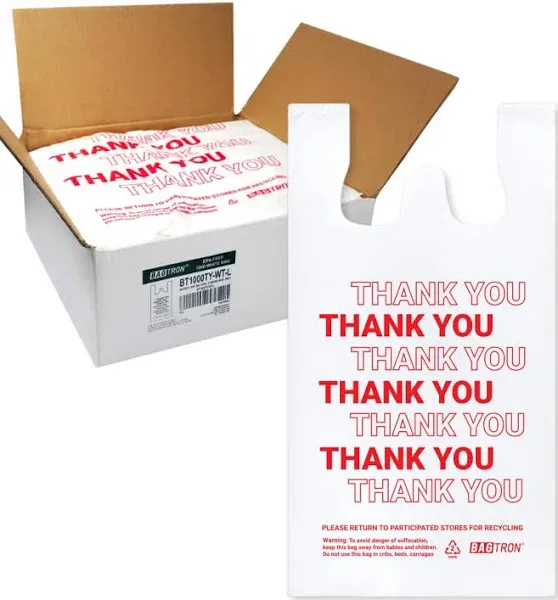 Bagtron Thank You T-Shirt Carry-Out Bags, 1/6 Barrel, White/Red, 12" x 7" x 22" Large, 1000 Count