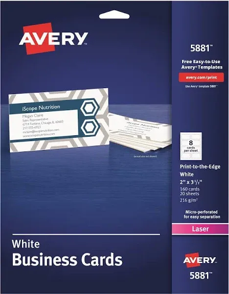 Avery Print-to-the-E<wbr/>dge Microperf Business Cards Color Laser 2 x 3 1/2 Wht