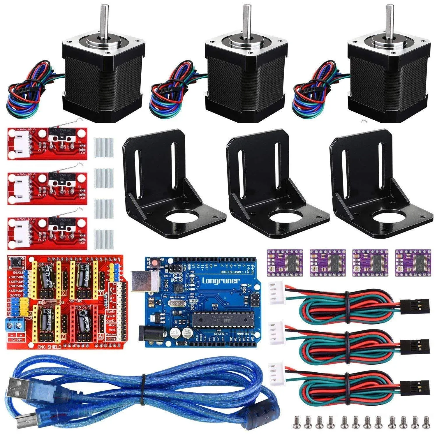 3D Printer CNC Controller Kit with for ArduinoIDE, Longruner GRBL CNC Shield Board+RAMPS 1.4 Mechanical Switch Endstop DRV8825 A4988 Stepper Motor Driver Nema 17 Stepper Motor LKB02, Black