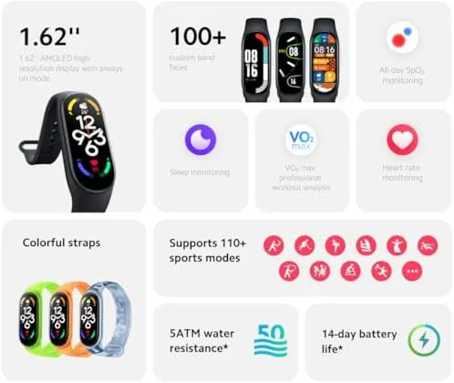 Xiaomi Mi Band 7 Smart Bracelet 1.62″ AMOLED Oxygen Heart Rate Tracker 5ATM