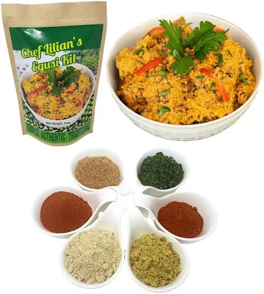 Chef Lilian's Egusi Kit- Nigerian West African Food Kit with Ground Melon Seeds (Egusi), Dehydrated Spinach, Seasoning, Hot Chili Powder, Soup Mix 4 Servings (Pack of 1)