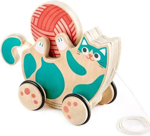 Wooden Walk-A-Long Kitten Pull Toy| Roll &amp; Rattle Push Pull Toy for | Montess...