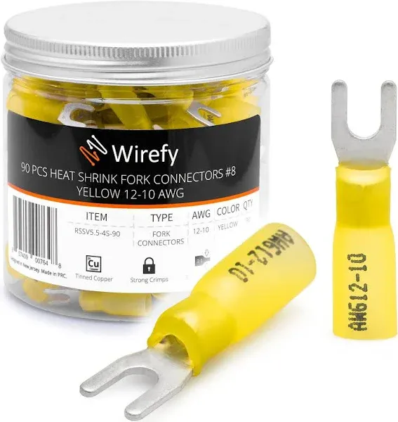 Wirefy 90 PCS Heat Shrink Fork Connectors #8 - yellow 12-10 Gauge