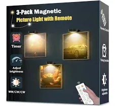 3-Pack Picture Light Battery Operated, Magnetic Led Lights with Remote, Dimmable and Timer Painting Light, Art Display Light for Picture Frame Artworking Portrait, Home Wall Decor Puck Lights, Gold