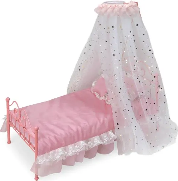 Badger Basket Starlights Metal Bed with Canopy, Lights and Bedding for 18 inch Dolls - Pink