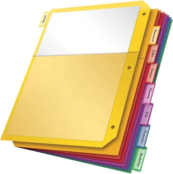 Oxford Plastic 2 Pocket Binder Dividers, 8 Tab 1/8 Cut, Multicolor Large Tab Set, Insertable Dividers with Paper Inserts, Letter Size, 3 Sets (89603)