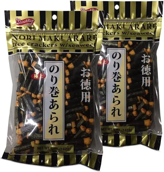 Shirakiku Japanese Nori Maki Arare Rice Crackers with Seaweed | Glutinous Rice, Soy Sauce, Wheat, and Seaweed | Crispy and Savory Cracker Snacks, Seaweed Flavor, 5 Oz - (Pack of 2)