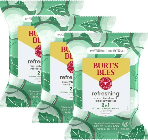 Burt's Bees Cucumber & Mint Face Wipes, for All Skin Types, Refreshing Makeup Remover & Facial Cleansing Towelettes, 30 Ct. (3-Pack)