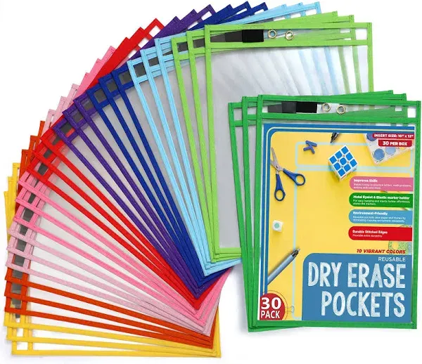 BONBELA Dry Erase Pockets 30 Pack - 10 x 13 Reusable Dry Erase Pocket Sleeves...