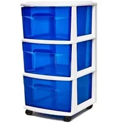 Homz Plastic 3 Drawer Medium Storage Container Tower, Blue Drawers/White Frame