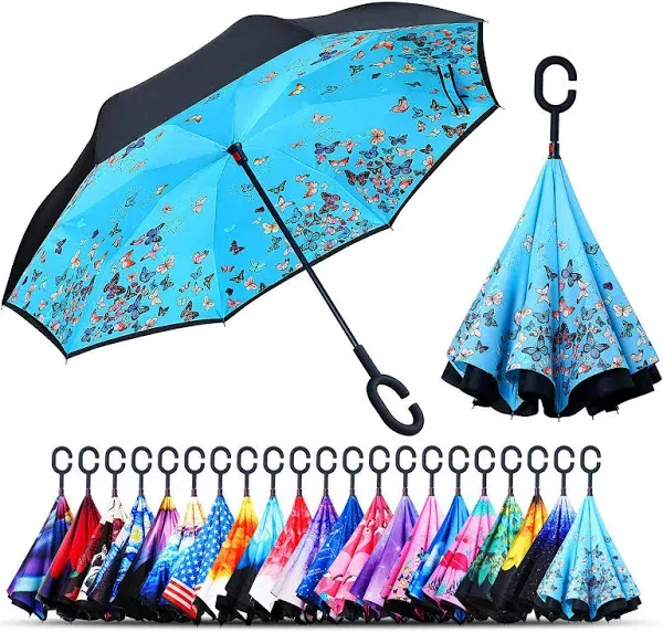 owen kyne Windproof Double Layer Folding Inverted Umbrella Self Stand Upside-down Rain Protection Car Reverse Umbrellas with C-shaped Handle