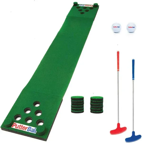 PutterBall Golf Pong Game Set The Original - Includes 2 Putters, 2 Golf Balls, Green Putting Pong Golf Mat & Golf Hole Covers - Best Backyard Party Golf Game Set