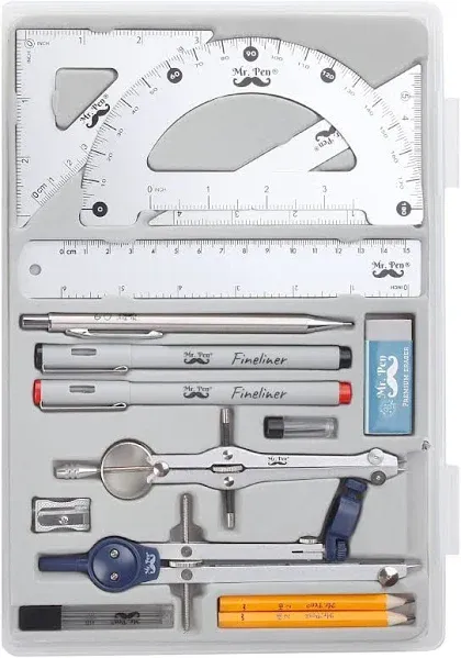 Mr Pen Professional Geometry Set, 15 pcs, Geometry Kit for Artists and Students, Geometry Set, Metal Rulers and Compasses