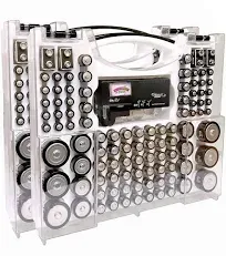 Battery Pro Organizer and Battery Tester, Wall-Mount Battery Storage Case, Holds 100 Assorted AA, AAA, C, 9-Volt, CR123, CR1632, and Button Cell Batteries, (Set of 2), (Black)