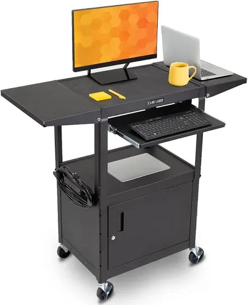 Line Leader Rolling AV Cart with Locking Cabinet, Laptop Stand, and Drop Leaves, Height Adjustable Mobile Utility Cart Workstation with Extra Storage Space, UL-Listed Power Strip (Black / 46 x 18)