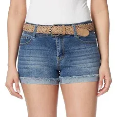 WallFlower Women's Luscious Curvy Denim Shorts Mid-Rise Bling and Belted Insta Stretch Juniors (Standard and Plus)