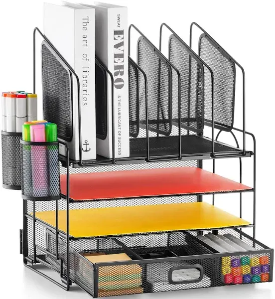 Marbrasse Desk Organizer with Drawer, 4-Tier Mesh Desk File Organizer with 5 Vertical File Holders and 2 Pen Holders, Multifunction Desktop Organizer