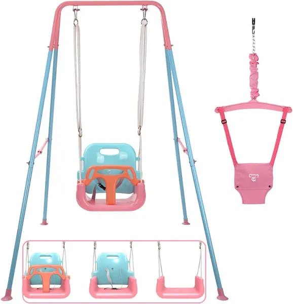 2 in 1 Toddler Swing ＆ Jumper, Swing Set for Indoor/Outdoor, Baby Jumpers and Bouncers, Easy to Assemble & Store, Suitable for Aged 6 Months to 10 Years Old (Pink)