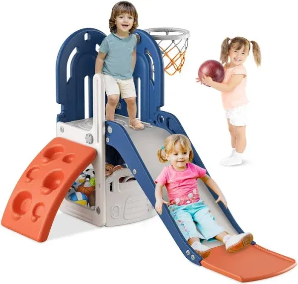 4 in 1 Toddler Slide, Slide for Toddlers Age 1-3 with Basketball Hoop and Bal...