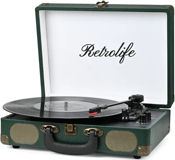 Vinyl Record Player 3-Speed Wireless Suitcase Portable Belt-Driven Record Player with Built-in Speakers RCA Line Out AUX in Headphone Jack Vintage Turntable Dark Green